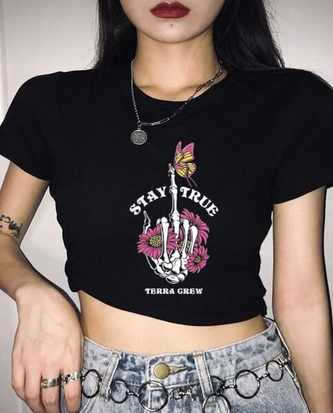 Stay Ture Terra Grew Baskılı Siyah Kemer Boy Y2K Kısa Kollu Crop
