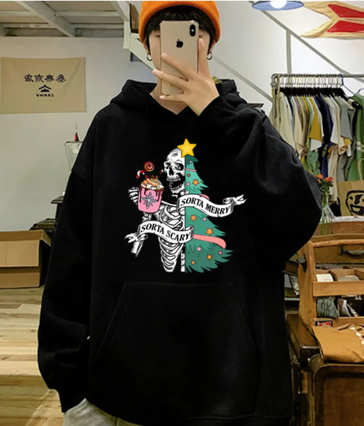 Skeleton Noel Baskılı Siyah Unisex Oversize Kapüşonlu Sweatshirt