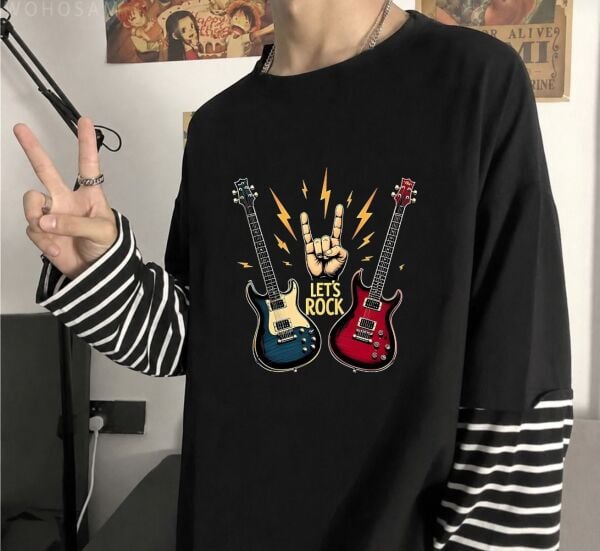 Fake Kollu Let's Rock Gitar Baskılı Oversize T-Shirt