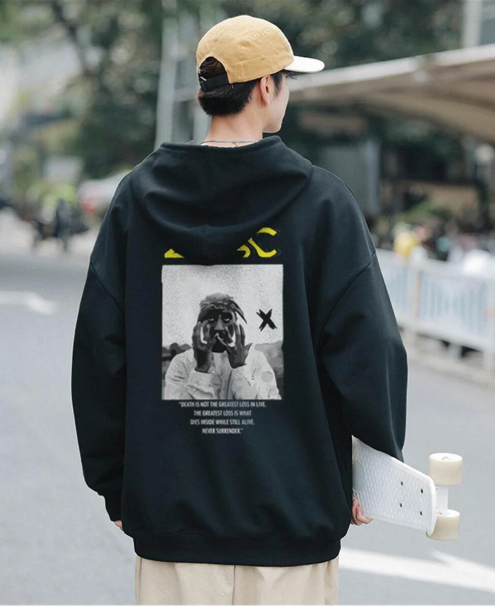 2Pac Baskılı Siyah Unisex Oversize Kapüşonlu Sweatshirt