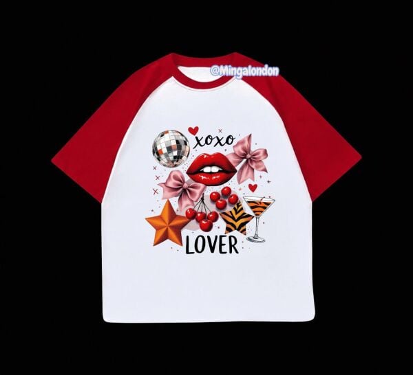 Kırmızı Reglan Kol XOXO Lover Baskılı T-Shirt
