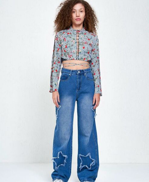 Y2k Stars Patch Detay Mavi Pantolon