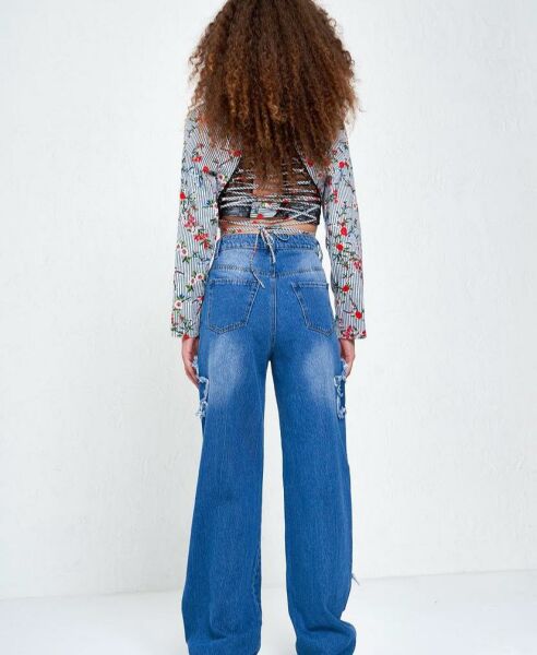 Y2k Stars Patch Detay Mavi Pantolon