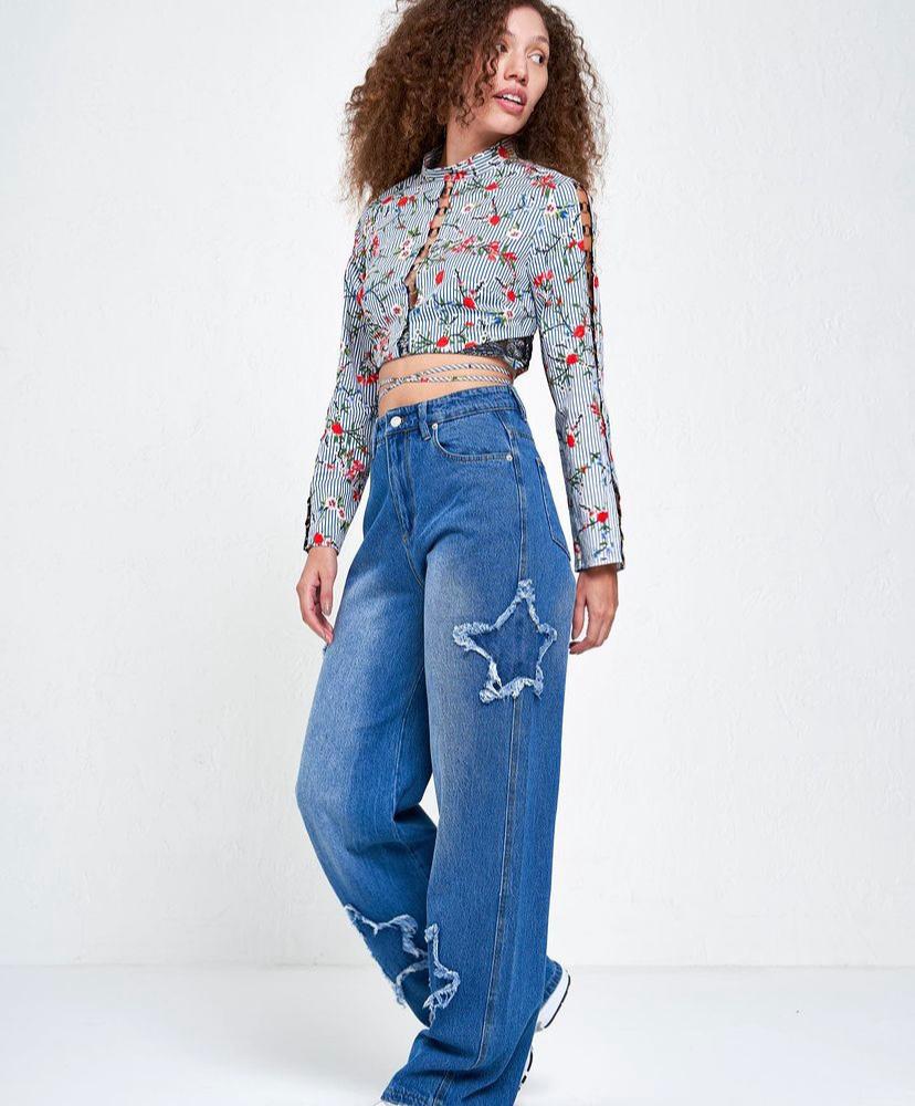 Y2k Stars Patch Detay Mavi Pantolon