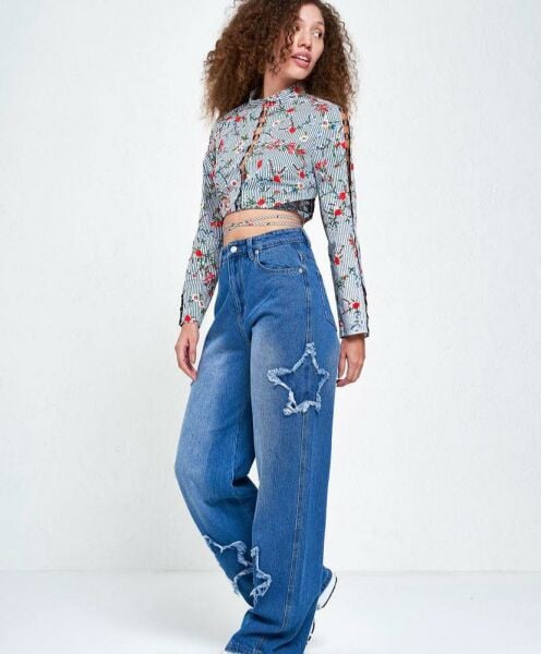 Y2k Stars Patch Detay Mavi Pantolon