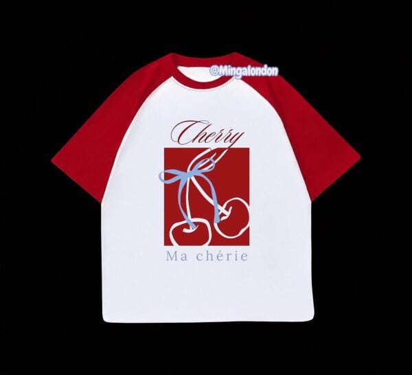 Kırmızı Reglan Kol Cherry Ma Cherie Baskılı T-Shirt