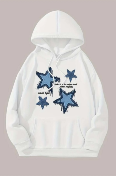 Denim Star Baskılı Kapşonlu Beyaz Sweatshirt