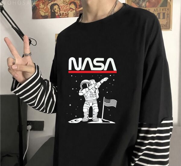 Fake Kollu Nasa Baskılı Oversize T-Shirt
