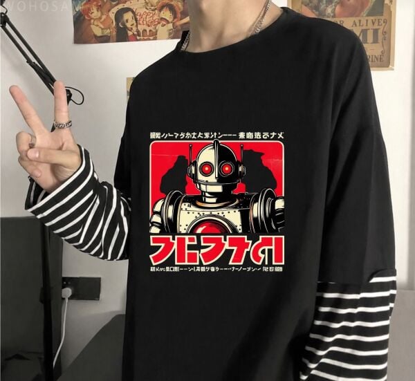 Fake Kollu Japon Temalı Robot Baskılı Oversize T-Shirt