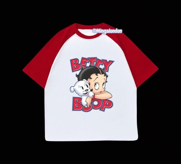 Kırmızı Reglan Kol Betty Boop Baskılı T-Shirt