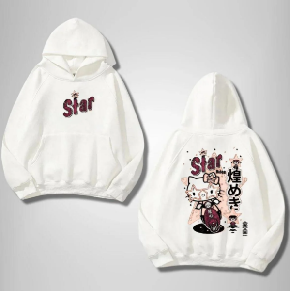 Hello Star Ön Arka Baskılı Beyaz Kapşonlu Sweatshirt