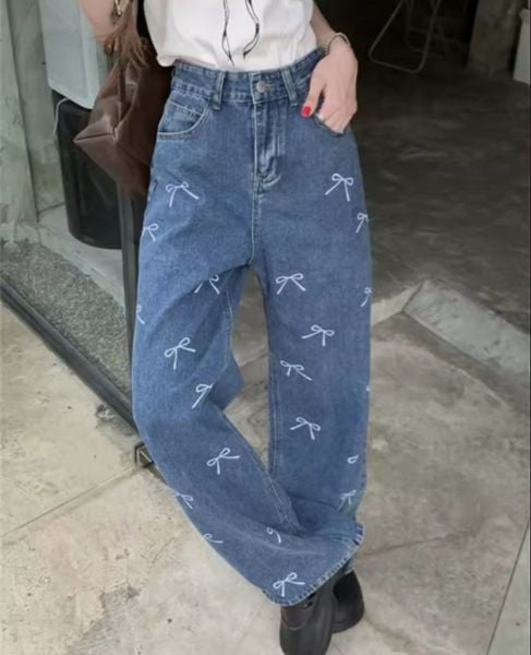 Y2k Kurdele Detaylı Mavi Baggy Jean