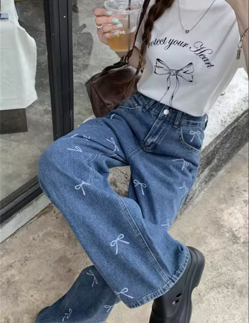 Y2k Kurdele Detaylı Mavi Baggy Jean