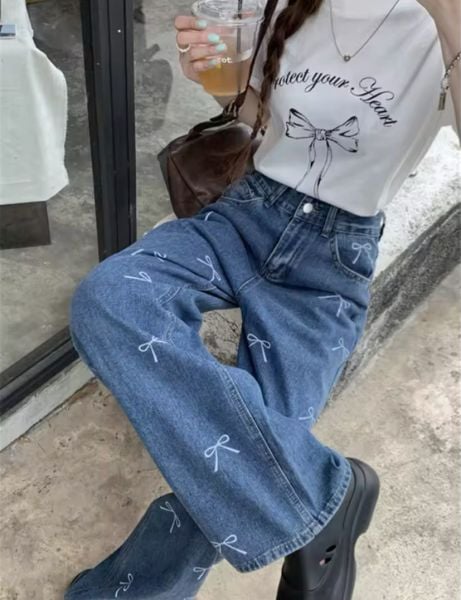 Y2k Kurdele Detaylı Mavi Baggy Jean