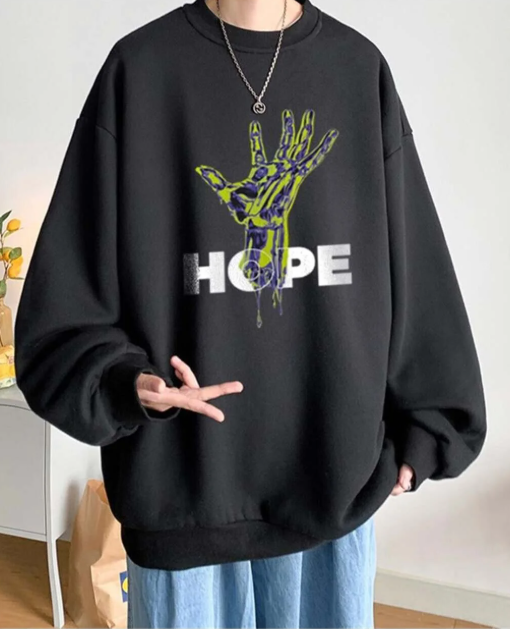 Hope Hand Baskılı Siyah Unisex Oversize Bisiklet Yaka Sweatshirt