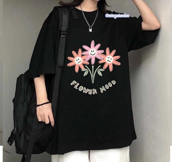 Flower Mood Baskılı Siyah T-Shirt
