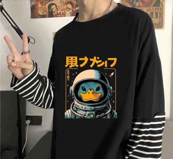 Fake Kollu Astronot Ördek Baskılı Oversize Baskılı T-Shirt