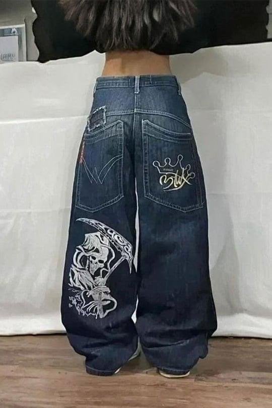 Mavi Skater Skull Arka Cep Yamalı Baggy Pantolon