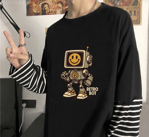 Fake Kollu Retro Bot Baskılı Oversize T-Shirt