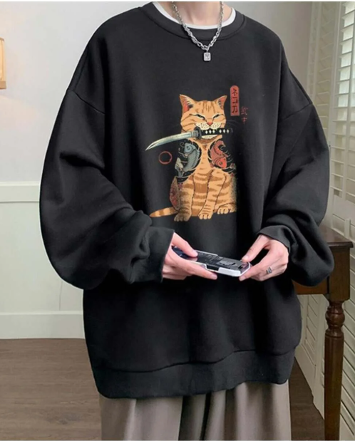 Killer Cat Baskılı Siyah Unisex Oversize Bisiklet Yaka Sweatshirt