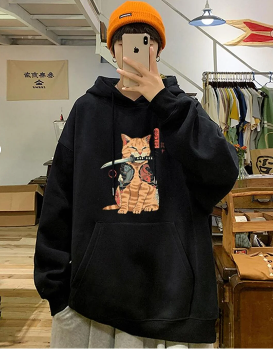 Killer Cat Baskılı Siyah Unisex Oversize Kapüşonlu Sweatshirt