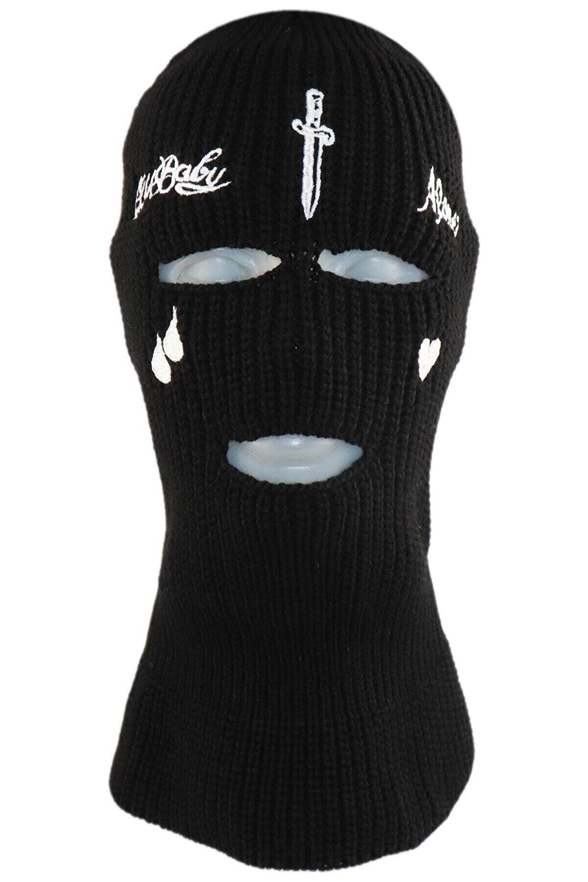 Siyah Kılıç Nakışlı 3 Gözlü Unisex Kar Maskesi