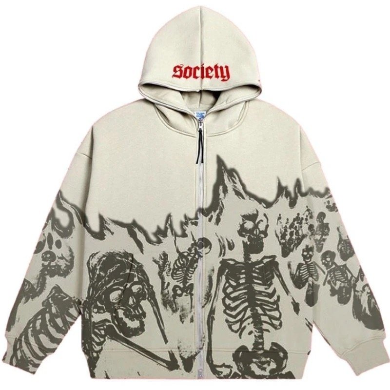 Kalın Kumaş Burning Skeletons Bej Fermuarlı (Unisex) Kapşonlu