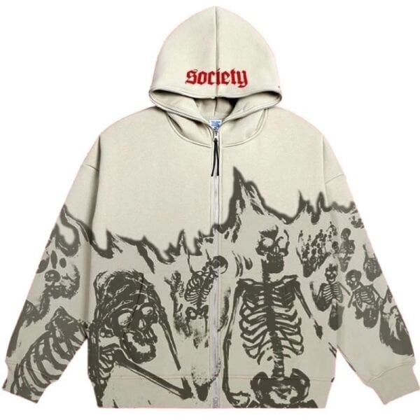 Kalın Kumaş Burning Skeletons Bej Fermuarlı (Unisex) Kapşonlu