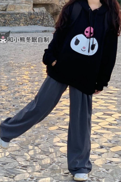 Kuromi Face Baskılı Siyah Unisex Oversize Kapüşonlu Sweatshirt