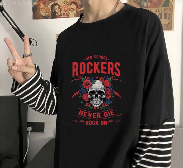 Fake Kollu Old School Rockers Never Dıe Rock On Baskılı Oversize T-Shirt