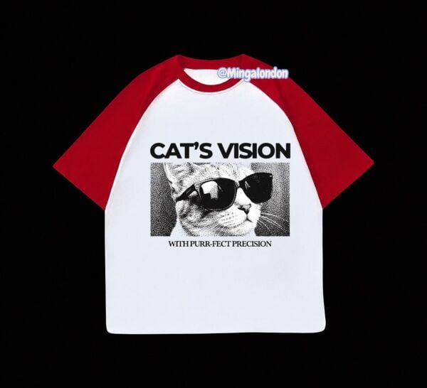 Kırmızı Reglan Kol Cat's Vısıon Baskılı T-Shirt