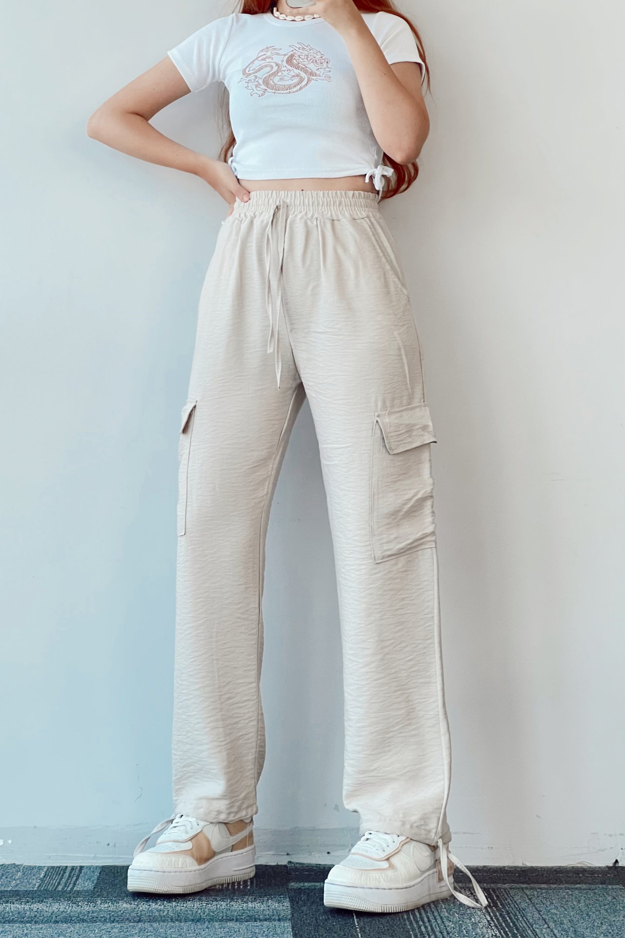 Harajuku Unisex Cargo Pocket Bej Tracksuit