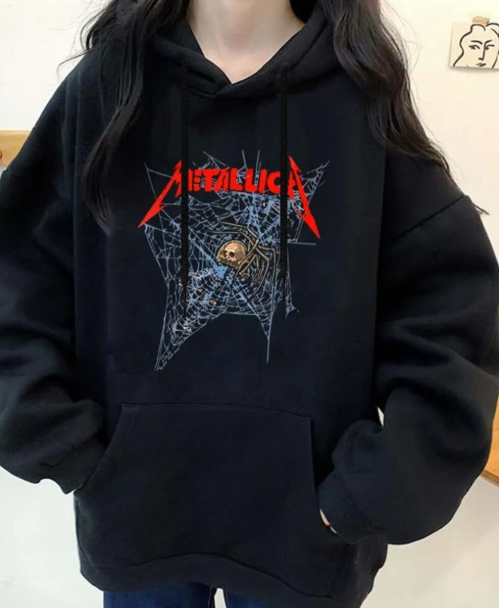 Metallica Baskılı Siyah Unisex Oversize Kapüşonlu Sweatshirt