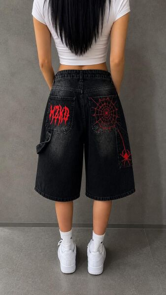 Y2K Nakışlı Baggy Jean Porto Capri Kırmızı