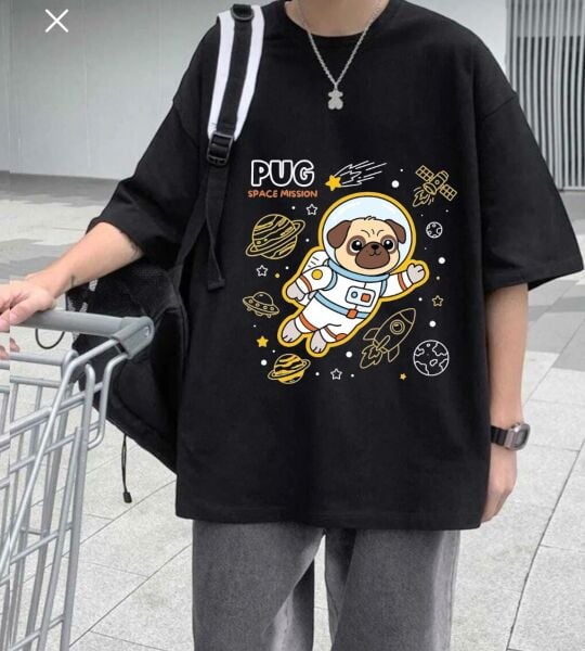Pug Space Mıssıon Baskılı Siyah T-Shirt