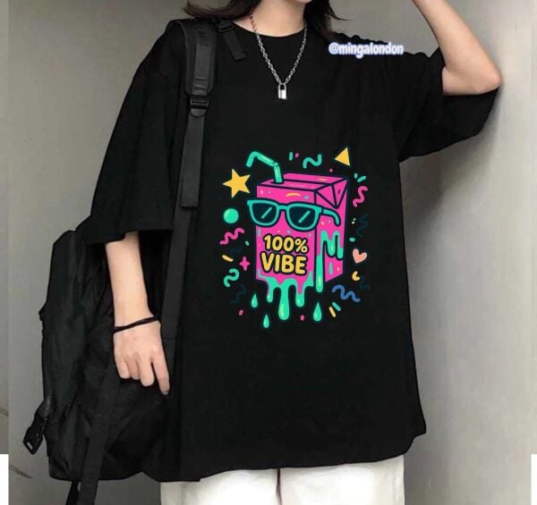 100% Vıbe Baskılı Siyah T-Shirt