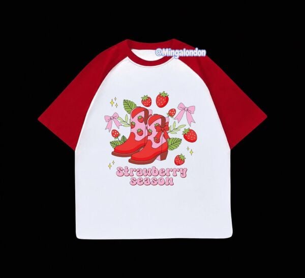 Kırmızı Reglan Kol Strawberry Season Baskılı T-Shirt