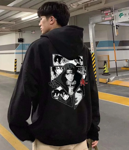 Naruto Itachi Collage Sırt Baskılı Siyah Unisex Oversize Kapüşonlu Sweatshirt