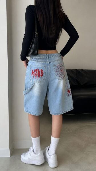 Y2K Nakışlı Baggy Jean Porto Capri Kırmızı -S