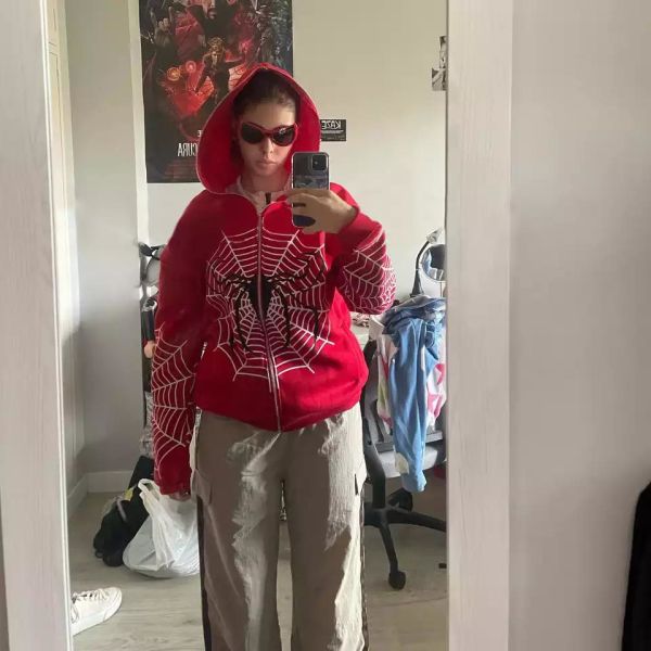 Kırmızı Allover Spider Fermuarlı (Unisex) Kapüşonlu
