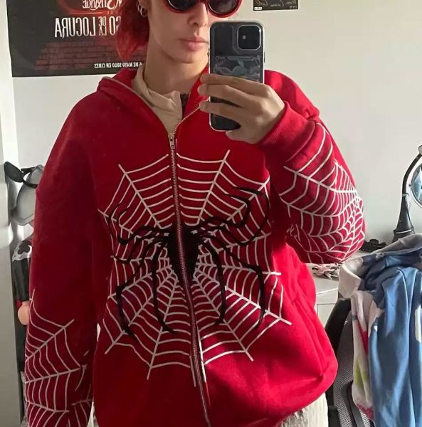 Kırmızı Allover Spider Fermuarlı (Unisex) Kapüşonlu
