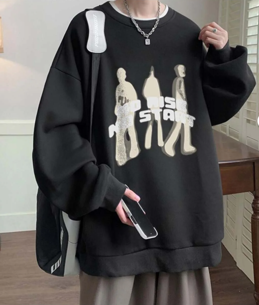 No Rise No Start Baskılı Siyah Unisex Oversize Bisiklet Yaka Sweatshirt