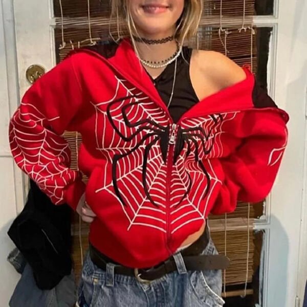Kırmızı Allover Spider Fermuarlı (Unisex) Kapüşonlu