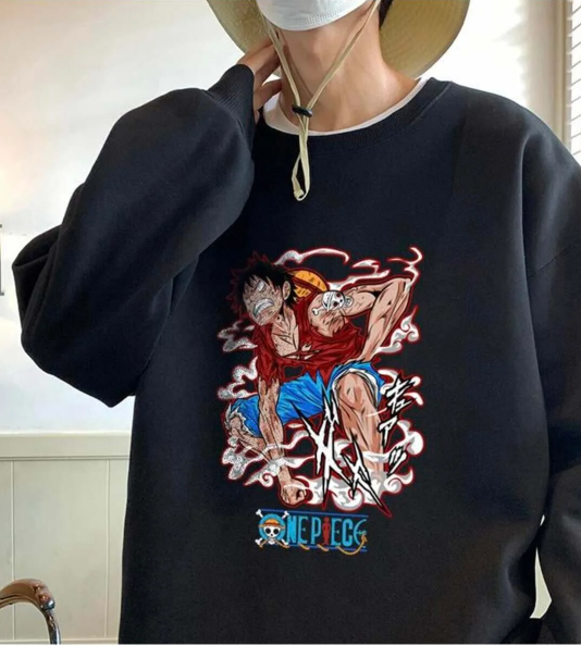 One Piece Angry Baskılı Siyah Unisex Oversize Bisiklet Yaka Sweatshirt