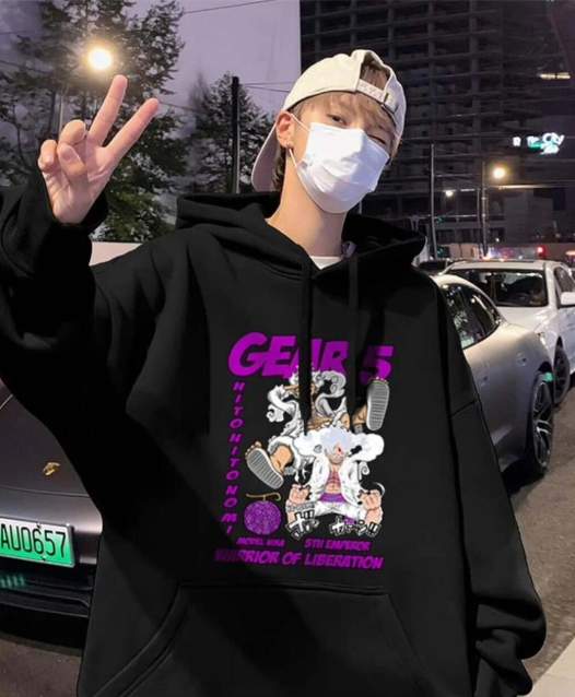 One Piece Gear 5 Baskılı Siyah Unisex Oversize Kapüşonlu Sweatshirt