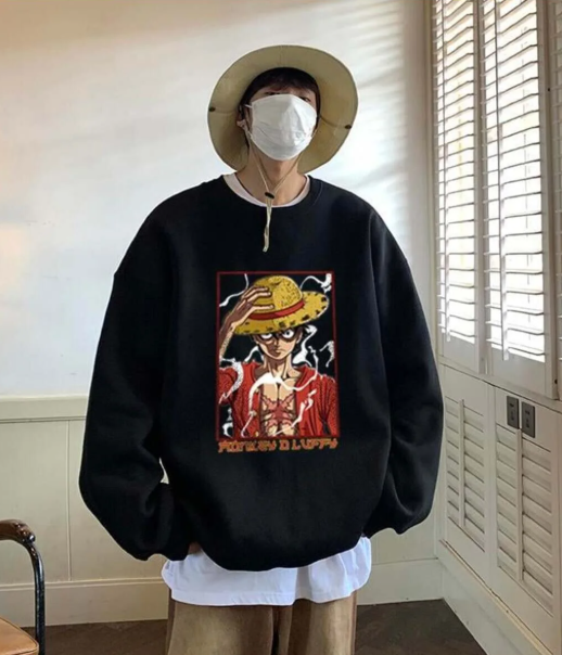 One Piece Monkey D Luffy Baskılı Siyah Unisex Oversize Bisiklet Yaka Sweatshirt