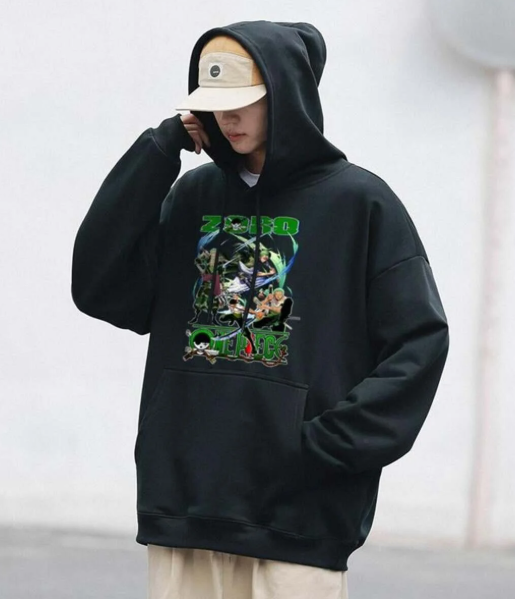 One Piece Zoro Swords Baskılı Siyah Unisex Oversize Kapüşonlu Sweatshirt