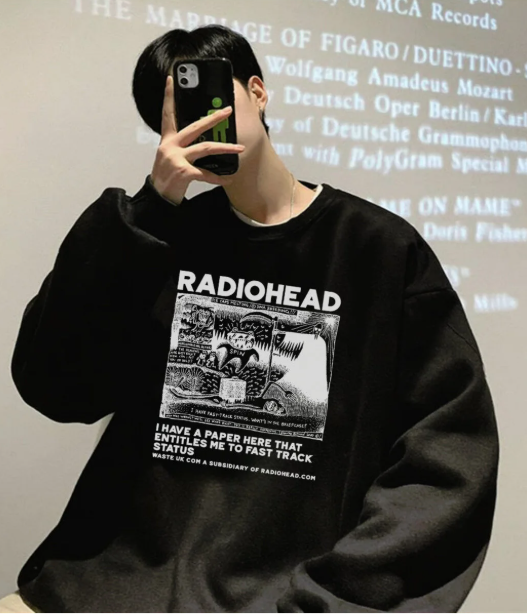 Radio Heat Baskılı Siyah Unisex Oversize Bisiklet Yaka Sweatshirt