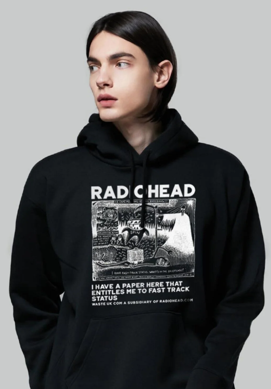 Radiohead Baskılı Siyah Unisex Oversize Kapüşonlu Sweatshirt
