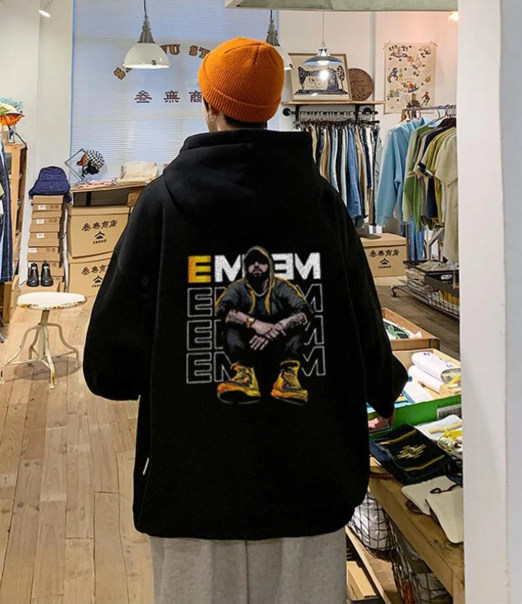 Rap Star Baskılı Siyah Unisex Oversize Kapüşonlu Sweatshirt